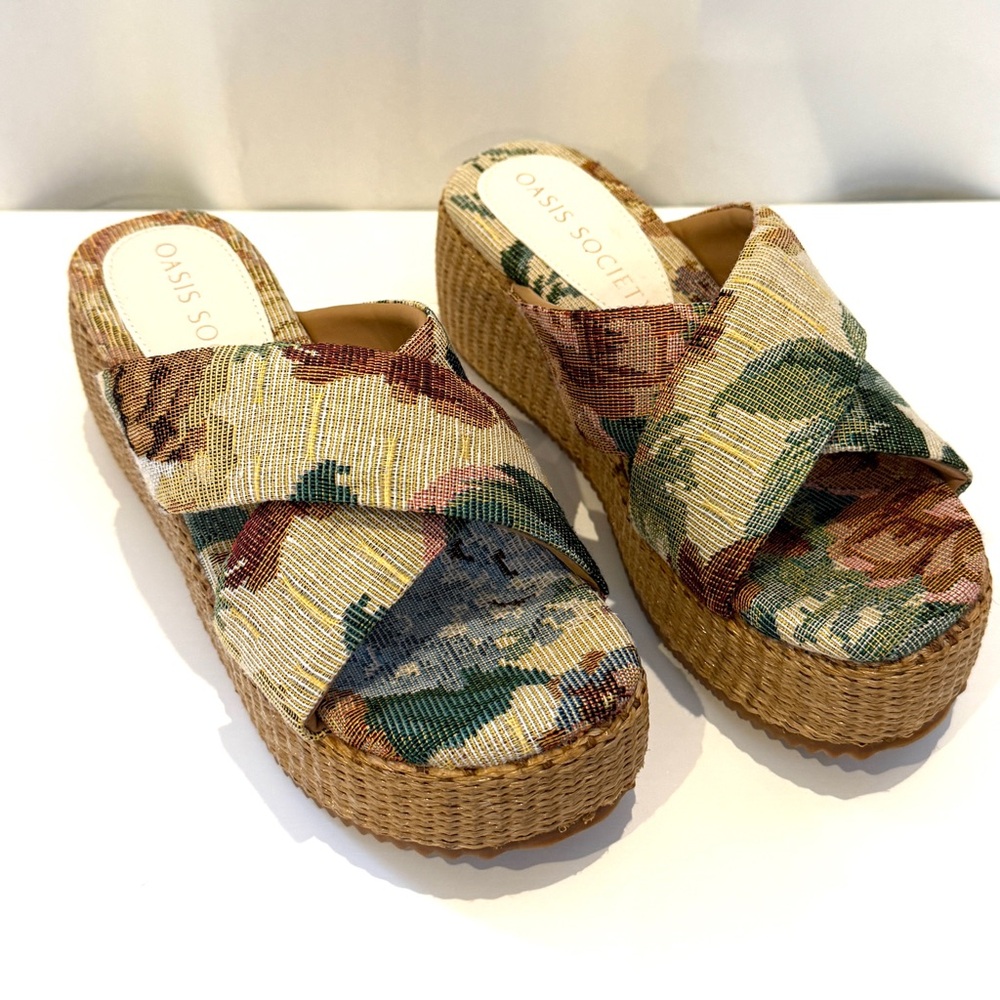 NWOT Oasis Society Platform Slide Sandals Floral Woven Size 8 Boho Chic - Picture 3 of 10